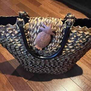 Women’s Woven Brown Tote Bag with Black Handles